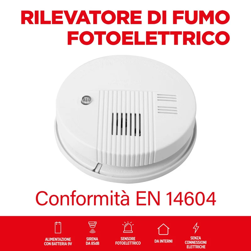 GBC Rilevatore di fumo fotoelettrico certificato a batteria 9V con sirena 85dB allarme luminoso LED e acustico antincendio conforme EN 14604 per B&B Hotel e abitazioni