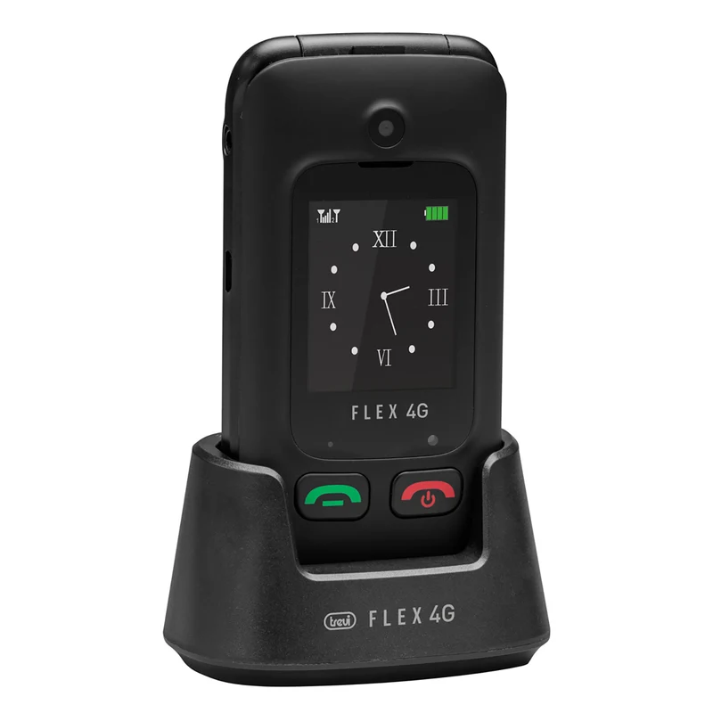 Trevi Flex Plus 90 4G Telefono cellulare per anziani a conchiglia con doppio display, SOS, tasti grandi, fotocamera, base di ricarica, torcia