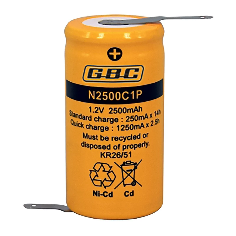 Batteria ricaricabile da 2500mAh al NiCd con terminali lamelle, accumulatore mezza torcia per elettronica industriale, sistemi portatili, lampade di emergenza