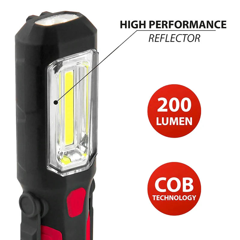 Velamp Torcia LED multiuso 3W, lampada da ispezione COB con gancio e calamita, luce di segnalazione rossa, supporto magnetico orientabile, lanterna da lavoro 200 lumen e torcia focalizzata 30 lumen