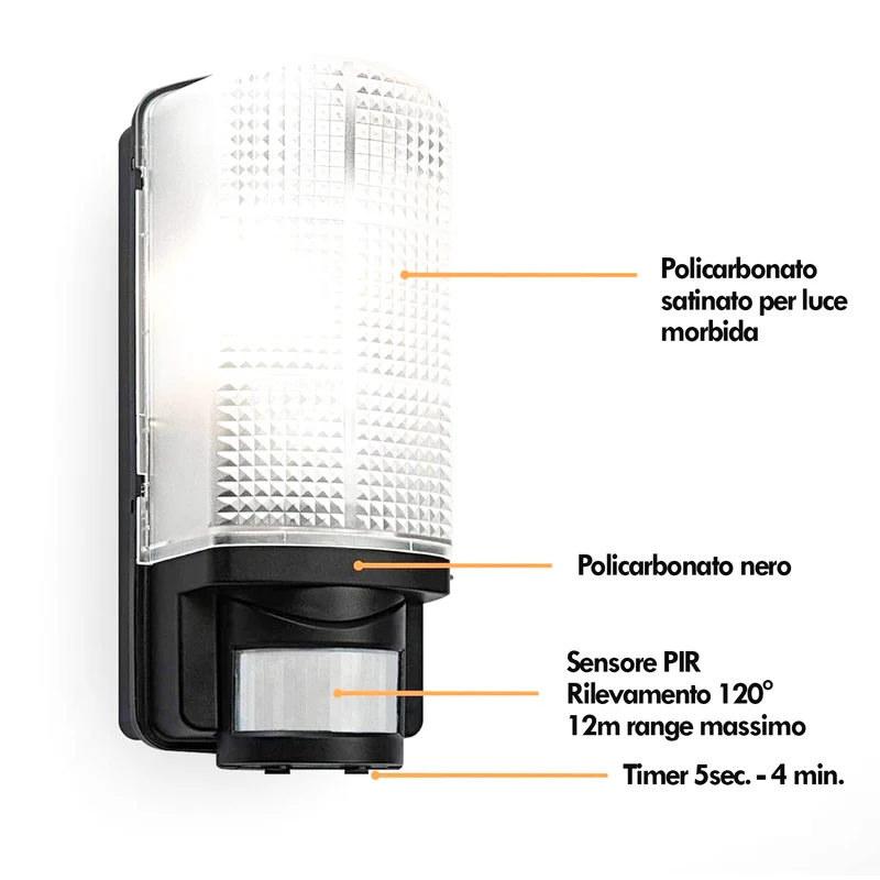 Applique da parete con sensore di movimento PIR, lampada automatica 60W 220V faretto da esterno con tempo di accensione e intensità della luce regolabile, luce notturna per giardino impermeabile IP44