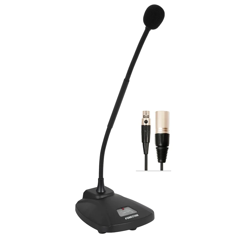 Fonestar Microfono da tavolo a condensatore unidirezionale professionale con interruttore, stelo flessibile, base microfonica da scrivania per conferenze, cavo bilanciato 5m, funzione PTT push to talk