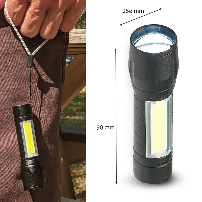 Velamp Torcia compatta ricaricabile a LED 120 Lumen resistente all'acqua IP44 con zoom ottico, lanterna laterale, laccio e cavo USB-C, struttura in lega di alluminio