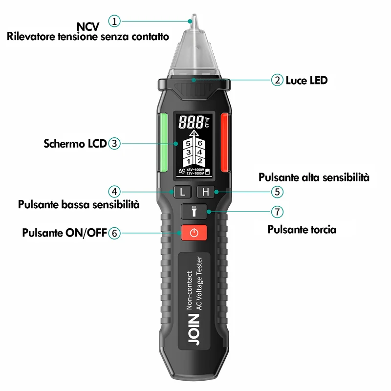 JOIN 98-853 Rilevatore di tensione e temperatura con torcia LED multifunzione display LCD e clip integrata, rilevazione senza contatto 12-1000V, tasti in silicone, spegnimento automatico