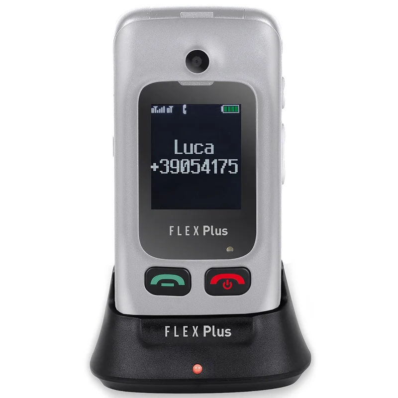 Trevi Flex Plus 55 Silver Telefono cellulare per anziani a conchiglia 4G con doppio display e base di ricarica, tasti grandi e funzione SOS, batteria lunga durata, grigio