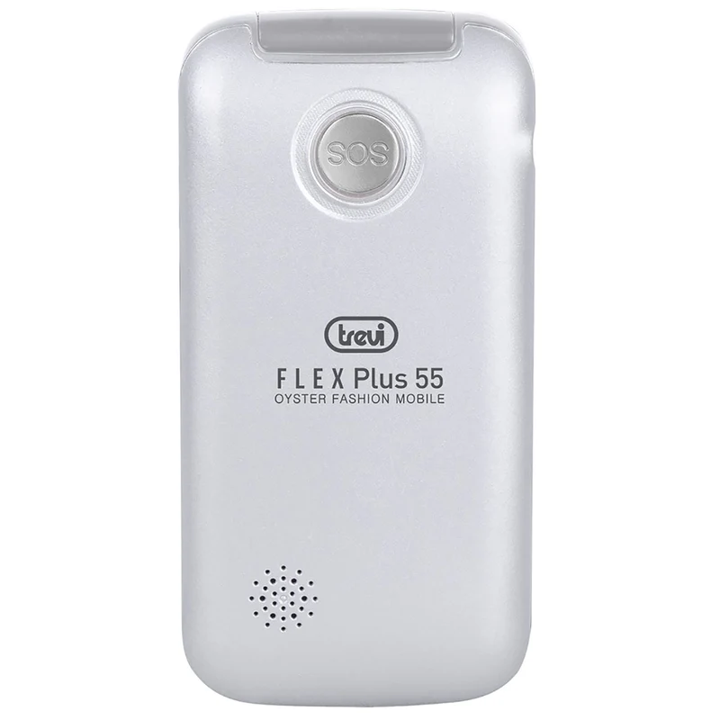 Trevi Flex Plus 55 Silver Telefono cellulare per anziani a conchiglia 4G con doppio display e base di ricarica, tasti grandi e funzione SOS, batteria lunga durata, grigio