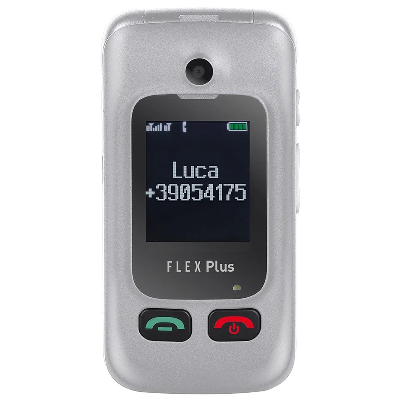 Trevi Flex Plus 55 Silver Telefono cellulare per anziani a conchiglia 4G con doppio display e base di ricarica, tasti grandi e funzione SOS, batteria lunga durata, grigio