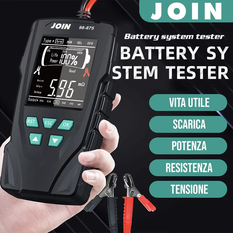JOIN 98-875 Tester per batterie al piombo 12V - 24V con Display LCD retroilluminato, adatto a tutti i tipi di batterie per auto moto e altri veicoli