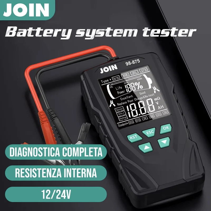 JOIN 98-875 Tester per batterie al piombo 12V - 24V con Display LCD retroilluminato, adatto a tutti i tipi di batterie per auto moto e altri veicoli