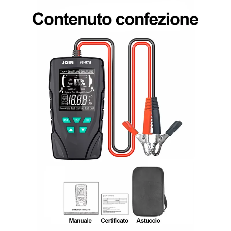 JOIN 98-875 Tester per batterie al piombo 12V - 24V con Display LCD retroilluminato, adatto a tutti i tipi di batterie per auto moto e altri veicoli