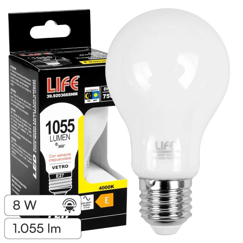 Life lampadina LED E27 8W goccia A60 filament vetro bianco sensore crepuscolare 4000K - 39.920366SNM