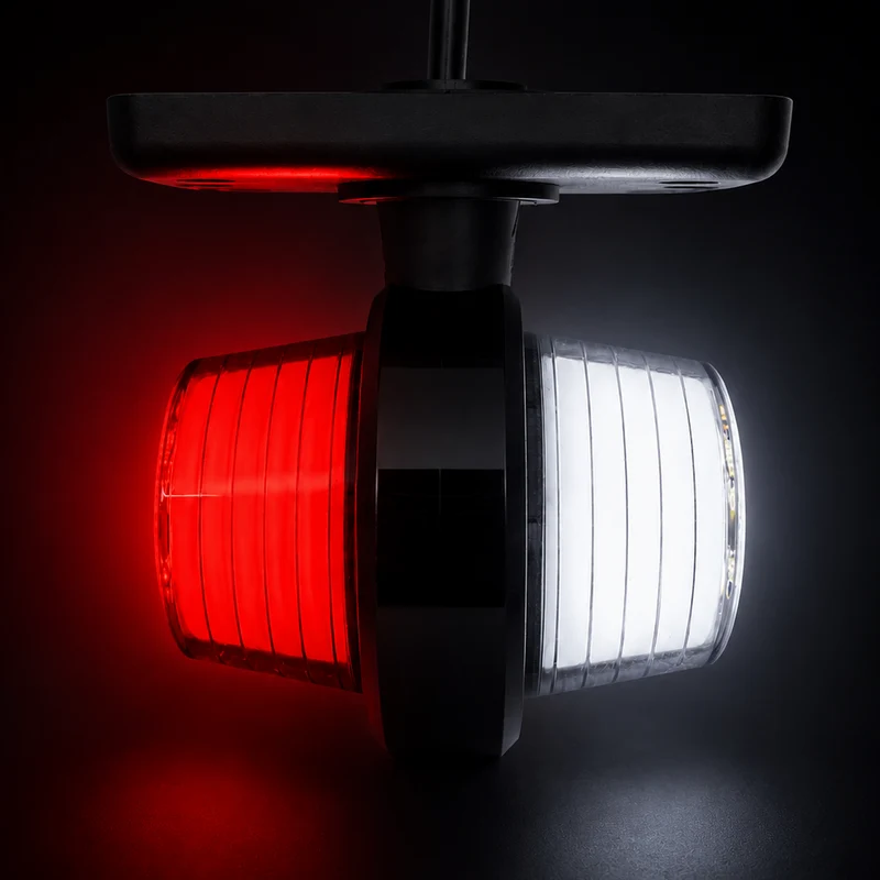 Faro di segnalazione a LED corto stile danese, vecchio stile, con lente al neon rossa e bianca.