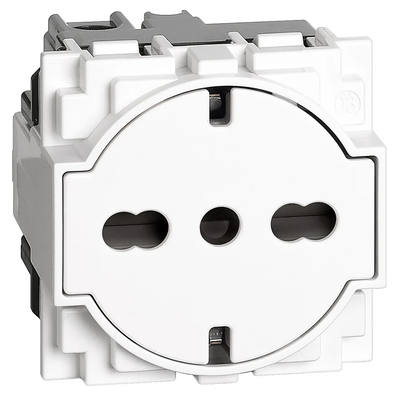Bticino KW4140A16F Presa elettrica Schuko universale standard Italia P40 flat con superficie retrattile 2P+T 10/16A, alveoli protetti, contatti laterali di terra, 2 moduli, serie living now, bianco
