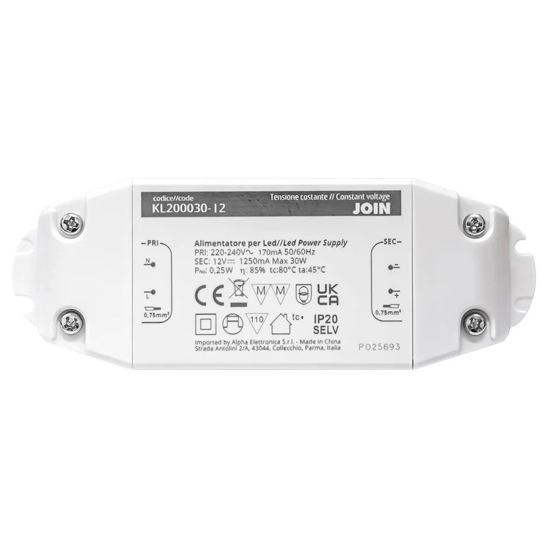 Alpha Elettronica KL200030-12 Alimentatore per LED a tensione costante 30W 12Vdc, trasformatore professionale senza sfarfallio per striscia LEDs, morsetti a vite, tensione d'ingresso 200 - 240 Vac