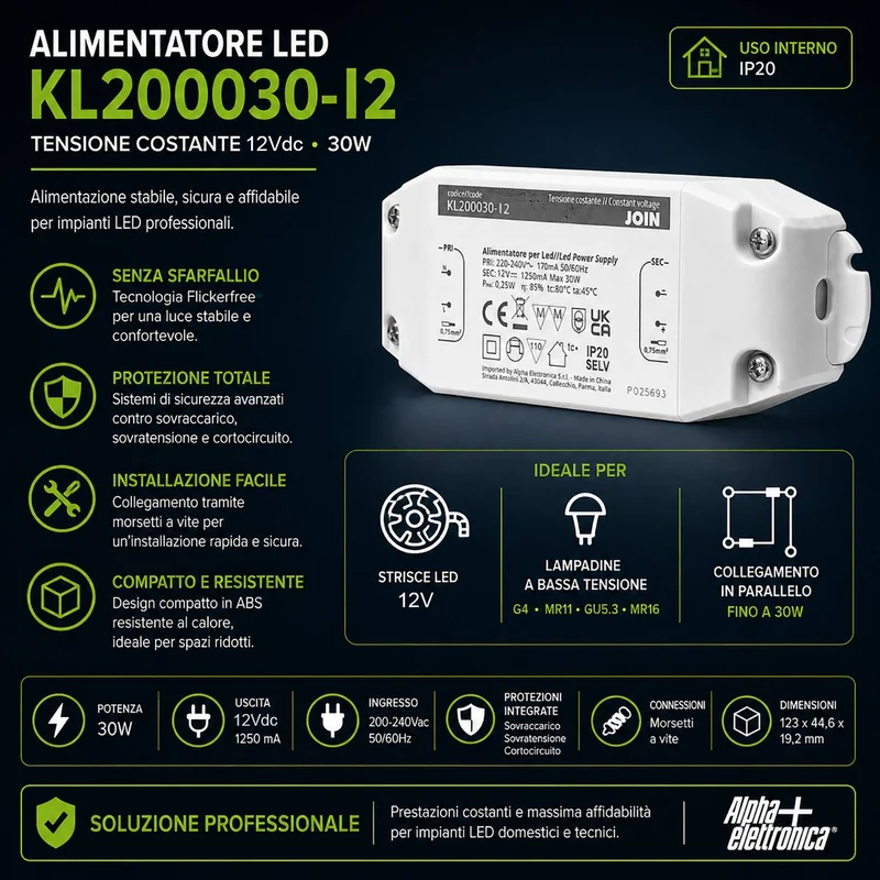 Alpha Elettronica KL200030-12 Alimentatore per LED a tensione costante 30W 12Vdc, trasformatore professionale senza sfarfallio per striscia LEDs, morsetti a vite, tensione d'ingresso 200 - 240 Vac