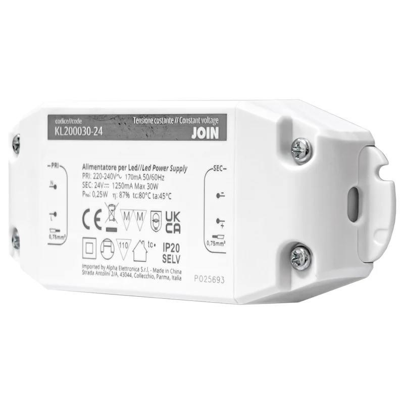 Alpha Elettronica KL200030-24 Alimentatore per LED a tensione costante 30W 24Vdc, trasformatore professionale senza sfarfallio per striscia LEDs, morsetti a vite, tensione d'ingresso 200 - 240 Vac