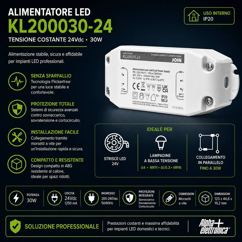 Alpha Elettronica KL200030-24 Alimentatore per LED a tensione costante 30W 24Vdc, trasformatore professionale senza sfarfallio per striscia LEDs, morsetti a vite, tensione d'ingresso 200 - 240 Vac