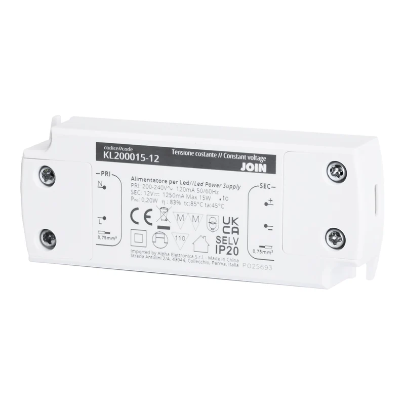 Alpha Elettronica KL200015-12 Alimentatore per LED a tensione costante 15W 12Vdc, trasformatore professionale senza sfarfallio per striscia LEDs, morsetti a vite, tensione d'ingresso 200 - 240 Vac