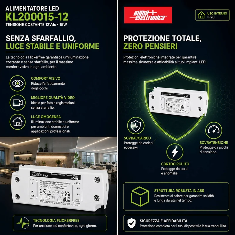 Alpha Elettronica KL200015-12 Alimentatore per LED a tensione costante 15W 12Vdc, trasformatore professionale senza sfarfallio per striscia LEDs, morsetti a vite, tensione d'ingresso 200 - 240 Vac