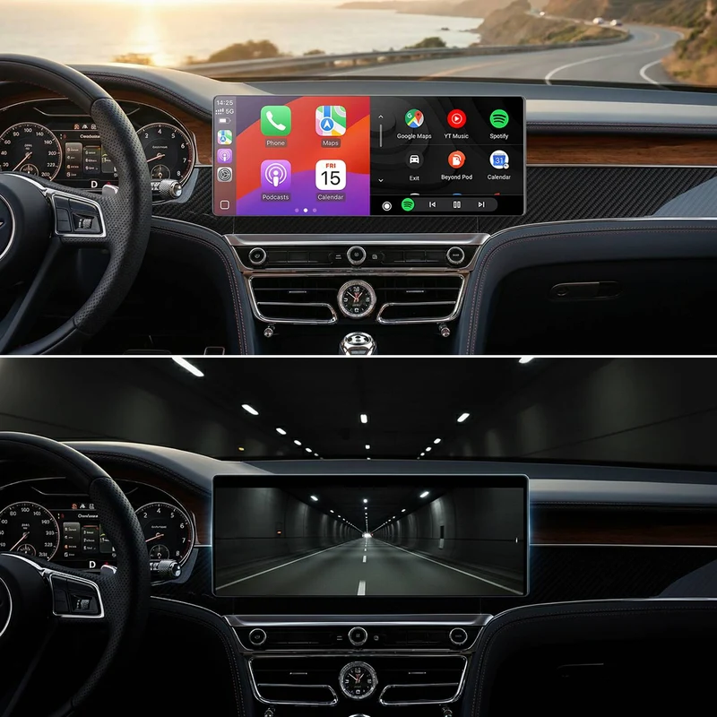 Trevi MDV 1000 Monitor Smart Touchscreen 10" LCD IPS con dashcam 2K integrata e telecamera di parcheggio posteriore, supporto adesivo e a ventosa, compatibile con Android Auto e Apple CarPlay Wireless