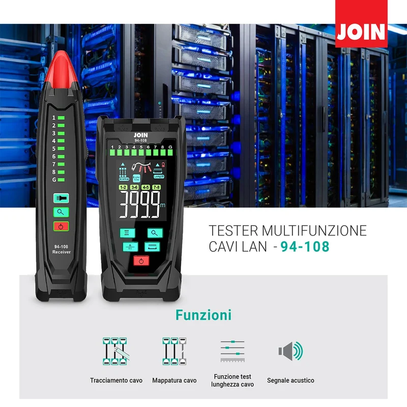 JOIN 94-108 Tester multifunzione per verifica tracciamento e mappatura cavi di rete LAN con porte RJ45 e funzione per misurare la lunghezza del cavo fino a 400m, rilevatore di interruzioni, torcia LED