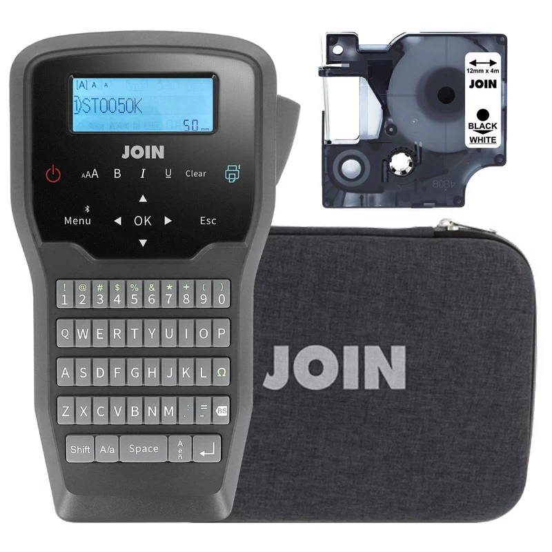 JOIN Kit Etichettatrice portatile a batteria + 1 rotolo, stampante a trasferimento termico 203 dpi, tastiera QWERTY e taglierina, controllo via app Bluetooth, astuccio e cavo di ricarica USB-C inclusi