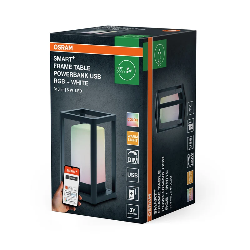 OSRAM SMART+ Wifi Cornice da Tavolo Powerbank USB RGB Lampada da Tavolo da Esterno portatile, nero, 3000K 12x20,3cm