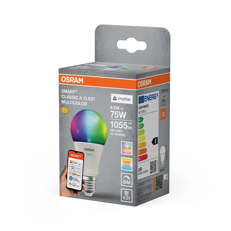 OSRAM Matter SMART+ Lampada LED, effetto ghiacciato, RGB, 9,5W, 1055lm, E27