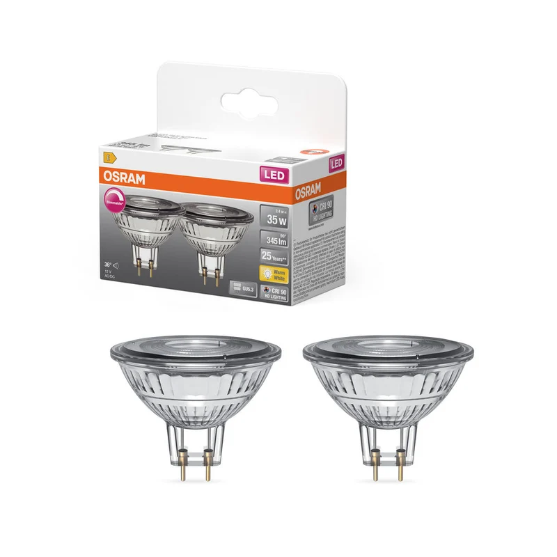 OSRAM Lampade riflettore LED dimmerabili a bassa tensione MR16 con attacco retrofit, sostituzione 35 watt, GU5.3, riflettore MR16, 2700 Kelvin, bianco caldo, vetro trasparente, confezione da 2 pezzi