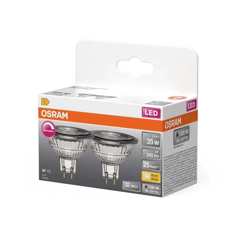 OSRAM Lampade riflettore LED dimmerabili a bassa tensione MR16 con attacco retrofit, sostituzione 35 watt, GU5.3, riflettore MR16, 2700 Kelvin, bianco caldo, vetro trasparente, confezione da 2 pezzi