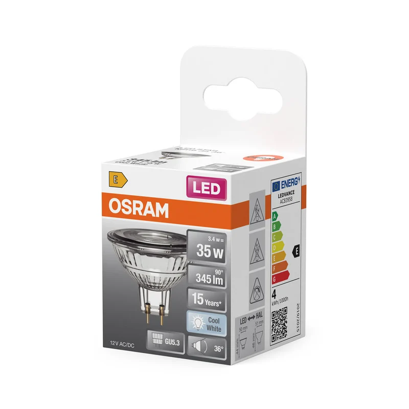OSRAM LED STAR MR16 12V lampadina riflettore LED con attacco GU5.3, bianco freddo (4000K), spot in vetro, 3,80W, sostituto per lampadina riflettore da 35W