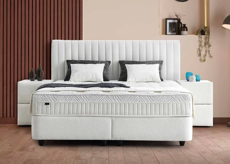 Casa Padrino Luxus Boxspringbett mit Kopfteil in Streifenoptik Weiß 90 x 200 cm - Luxus Schlafzimmer Möbel