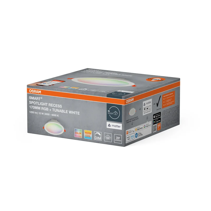 OSRAM Matter SMART+ Faretto da incasso RECESS DOWNLIGHT TW, Ø 170mm, RGB 12W, 220…240 V, 2700…6500K, IP20