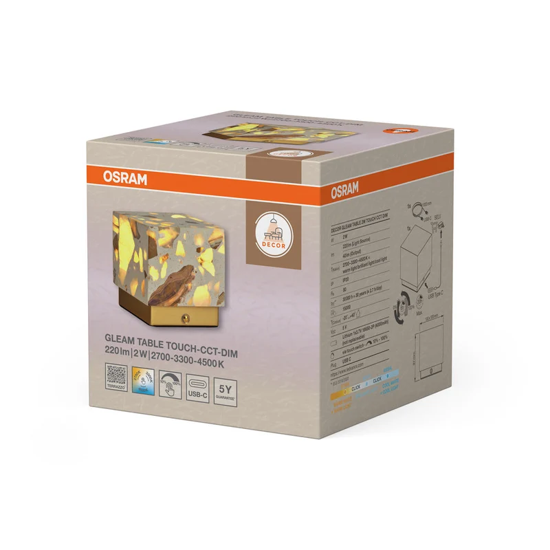 OSRAM DECOR Gleam lampada da tavolo, 2W Touch CCT, dimmerabile, bianco