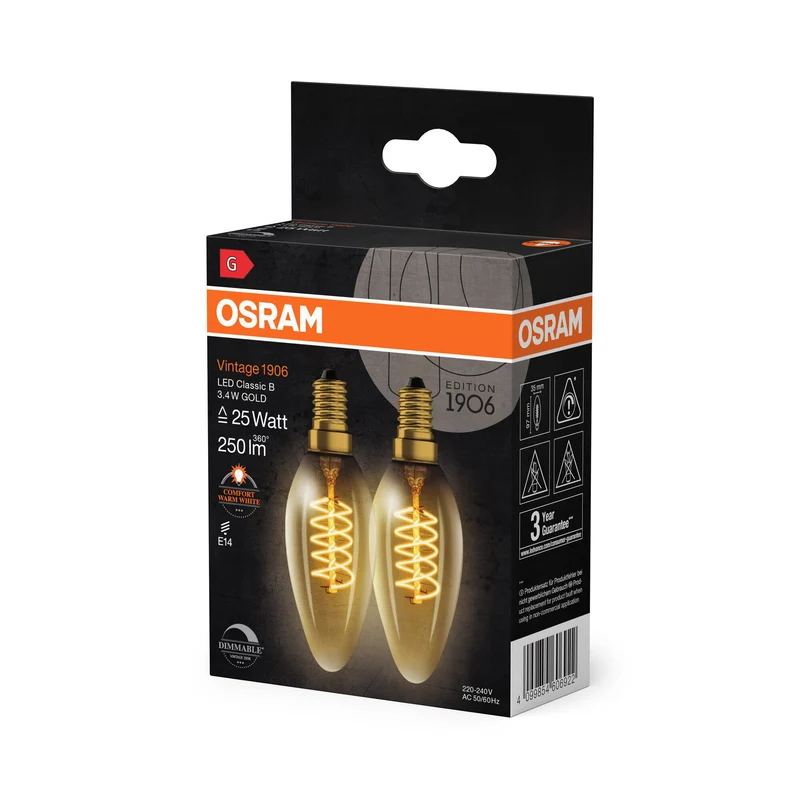 OSRAM Vintage 1906 LED CLASSIC A,B,P SLIM FILAMENT dimmerabile 3,4W 822 Gold E14