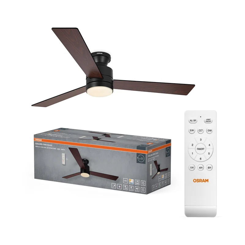 Ventilatore da soffitto LED OSRAM Caju, Nero-Legno, 48W, 1320mm, 1120lm, CCT