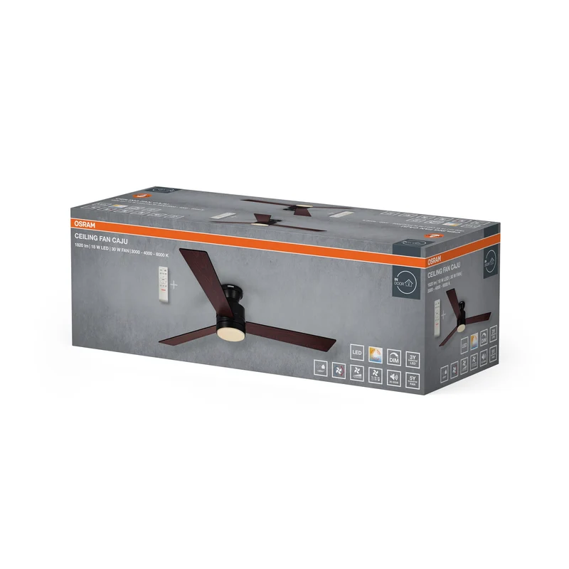 Ventilatore da soffitto LED OSRAM Caju, Nero-Legno, 48W, 1320mm, 1120lm, CCT