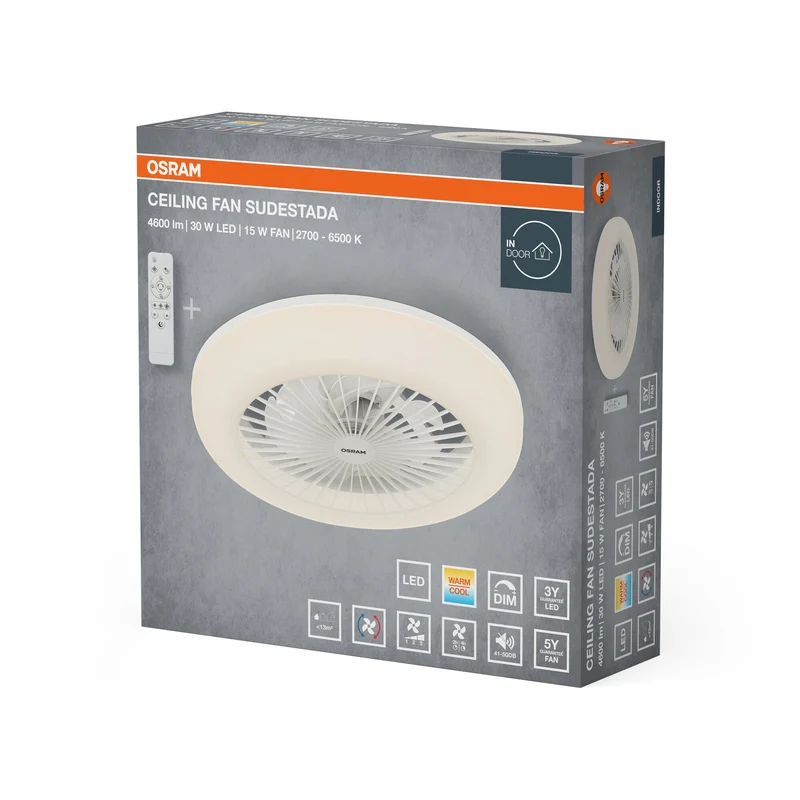 Ventilatore da soffitto LED OSRAM Sudestada, Bianco, 45W, 2700-6500K, 2700 lm, 450mm, CCT