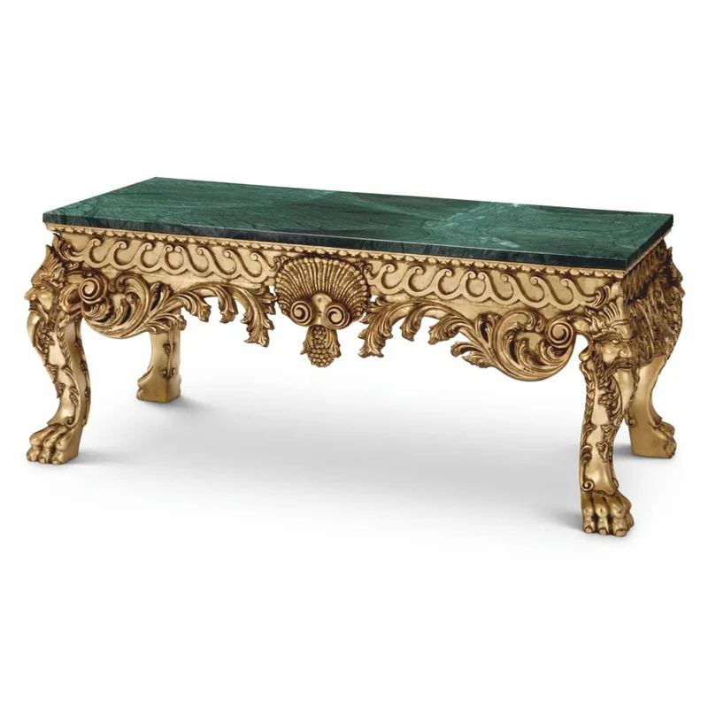Casa Padrino Luxus Barock Mahagoni Couchtisch mit Marmorplatte Grün / Antik Gold 122 cm - Barockstil Hotel & Wohnzimmer Möbel