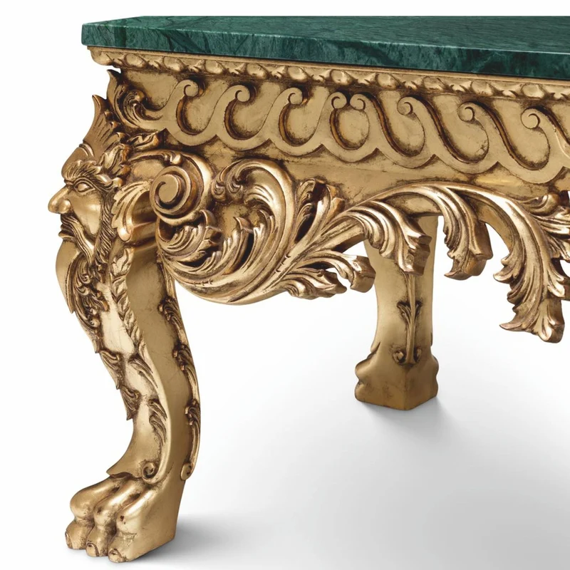 Casa Padrino Luxus Barock Mahagoni Couchtisch mit Marmorplatte Grün / Antik Gold 122 cm - Barockstil Hotel & Wohnzimmer Möbel