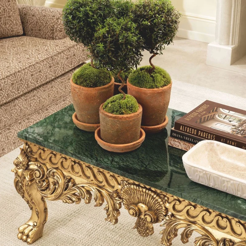 Casa Padrino Luxus Barock Mahagoni Couchtisch mit Marmorplatte Grün / Antik Gold 122 cm - Barockstil Hotel & Wohnzimmer Möbel