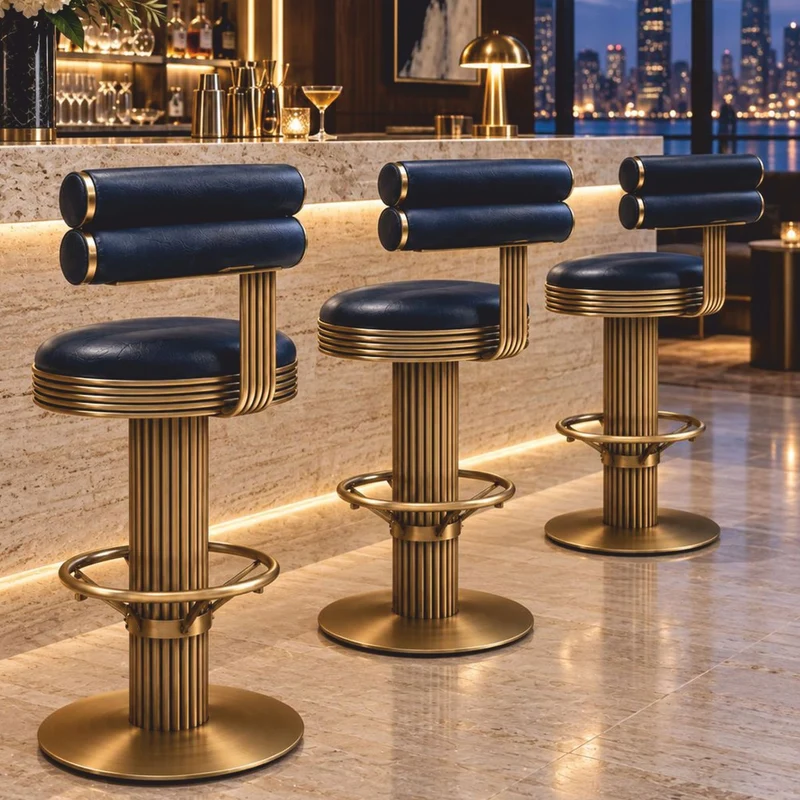 Casa Padrino Luxus Kunstleder Barstuhl Dunkelblau / Messing H. 96 cm - Bar Möbel - Hotel Möbel - Luxus Möbel