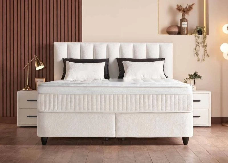 Casa Padrino Luxus Boxspringbett mit Kopfteil in Streifenoptik Creme 90 x 200 cm - Luxus Schlafzimmer Möbel