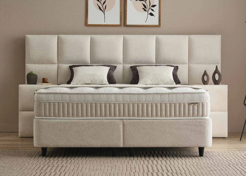Casa Padrino Luxus Boxspringbett mit Wandkopfteil in Feldoptik Beige 160 x 200 cm - Luxus Schlafzimmer Möbel