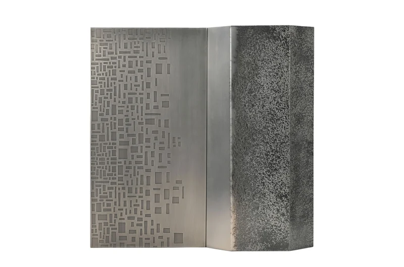 Casa Padrino Luxus Wanddekoration Silber 103,5 x 12,5 x H. 101,5 cm - Zweiteiliges Wandrelief Edge aus Stahl mit geätztem Antik-Nickel Finish - Luxus Deko Accessoires