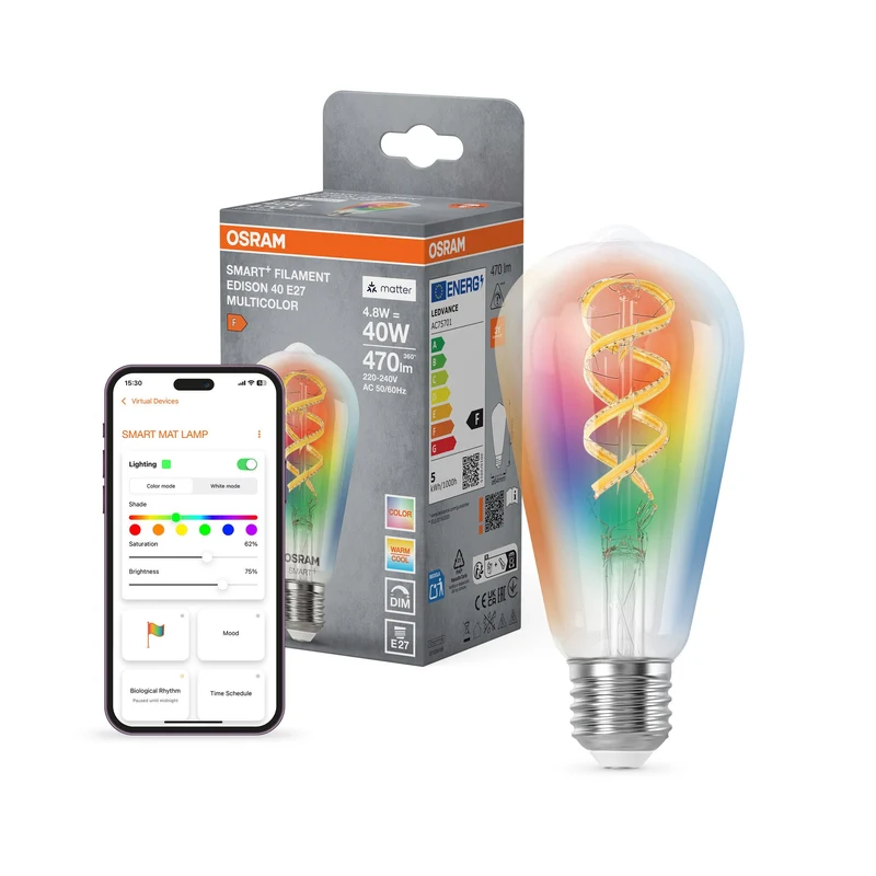 OSRAM Matter SMART+ LED Lampada CLASSIC A, RGB, vetro a filamento, 4,8W, 470lm, E27