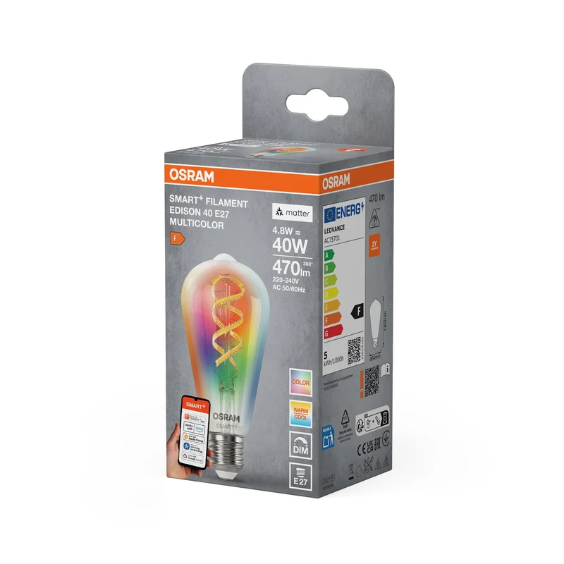 OSRAM Matter SMART+ LED Lampada CLASSIC A, RGB, vetro a filamento, 4,8W, 470lm, E27