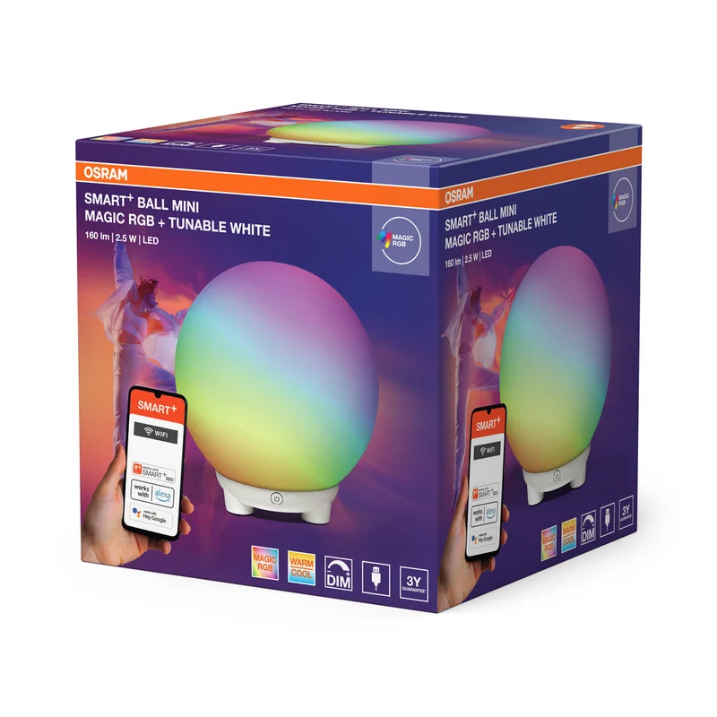 OSRAM SMART+ Wifi PALLA Moodlight Lampada da tavolo MAGIC RGB Mini RGBW USB, 130 lm, 2200 … 6500 K, Bianco Regolabile|RGB