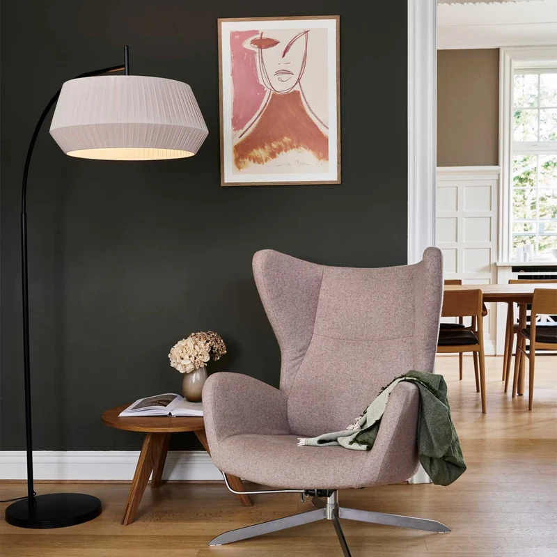 Dicte - Lampadaire à bras arqué en acier et tissu, style moderne