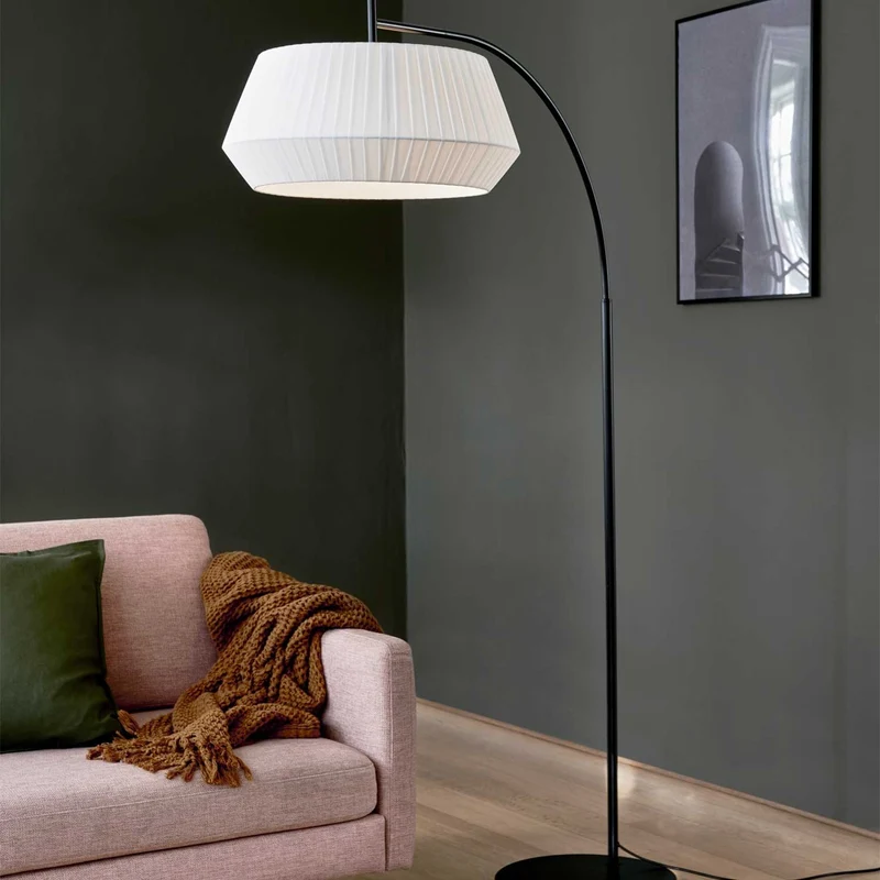 Dicte - Lampadaire à bras arqué en acier et tissu, style moderne